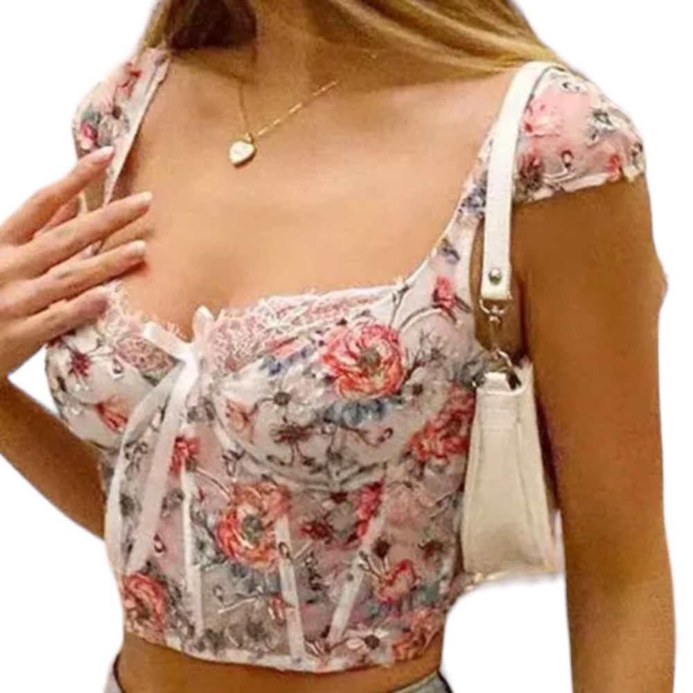 Pink and white mesh floral corset top